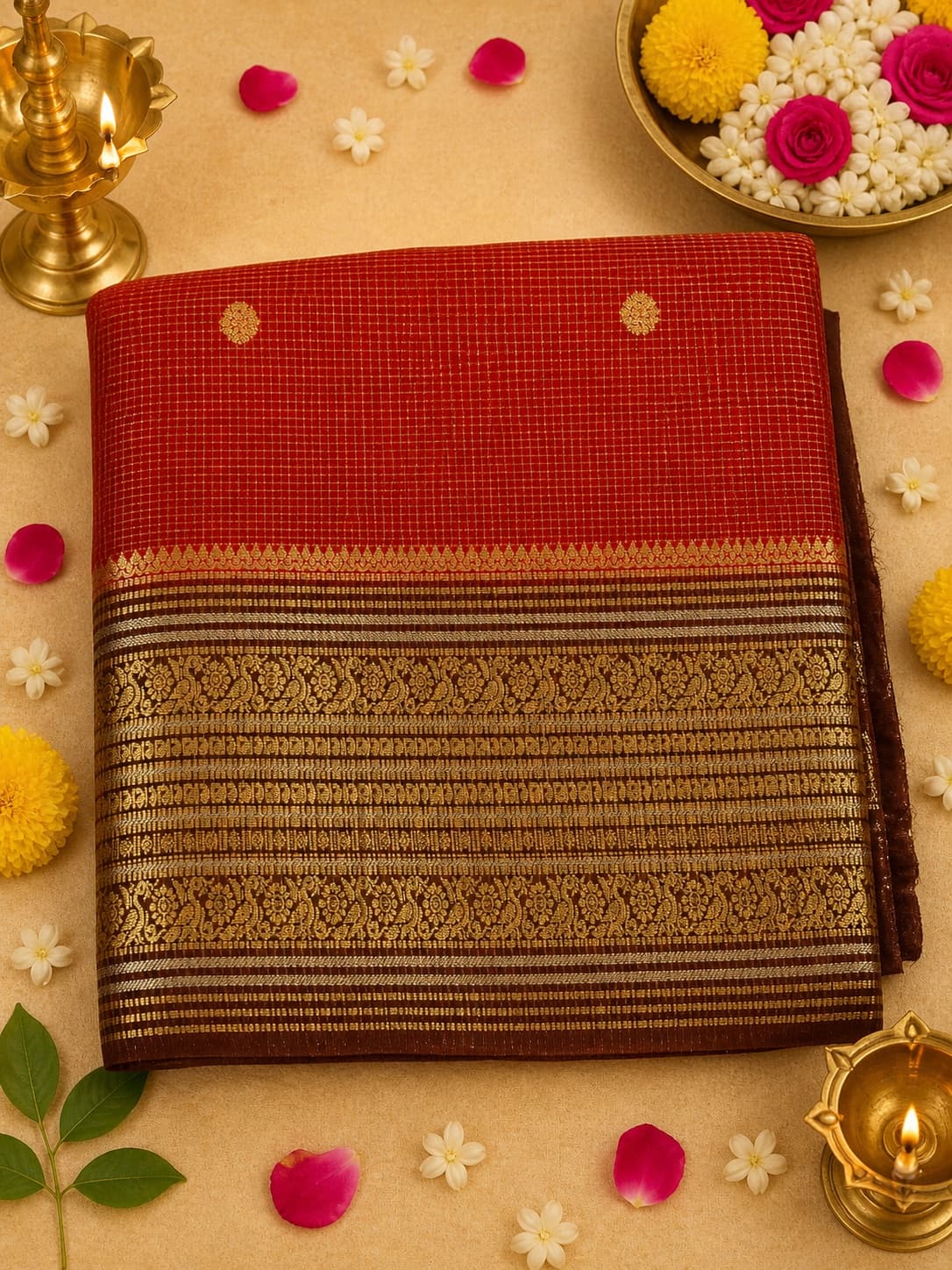 Orange Crepe Silk Saree With Gold Checkered Silk Saree