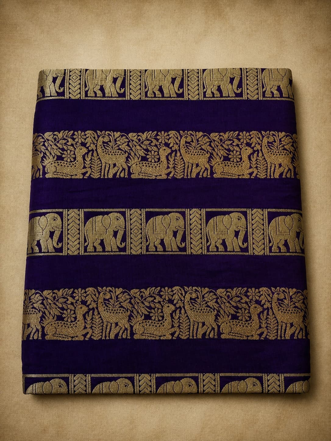 Purple Crepe Saree With Elephant And Deer Motifs in Purple / Gold, Crepe Silk