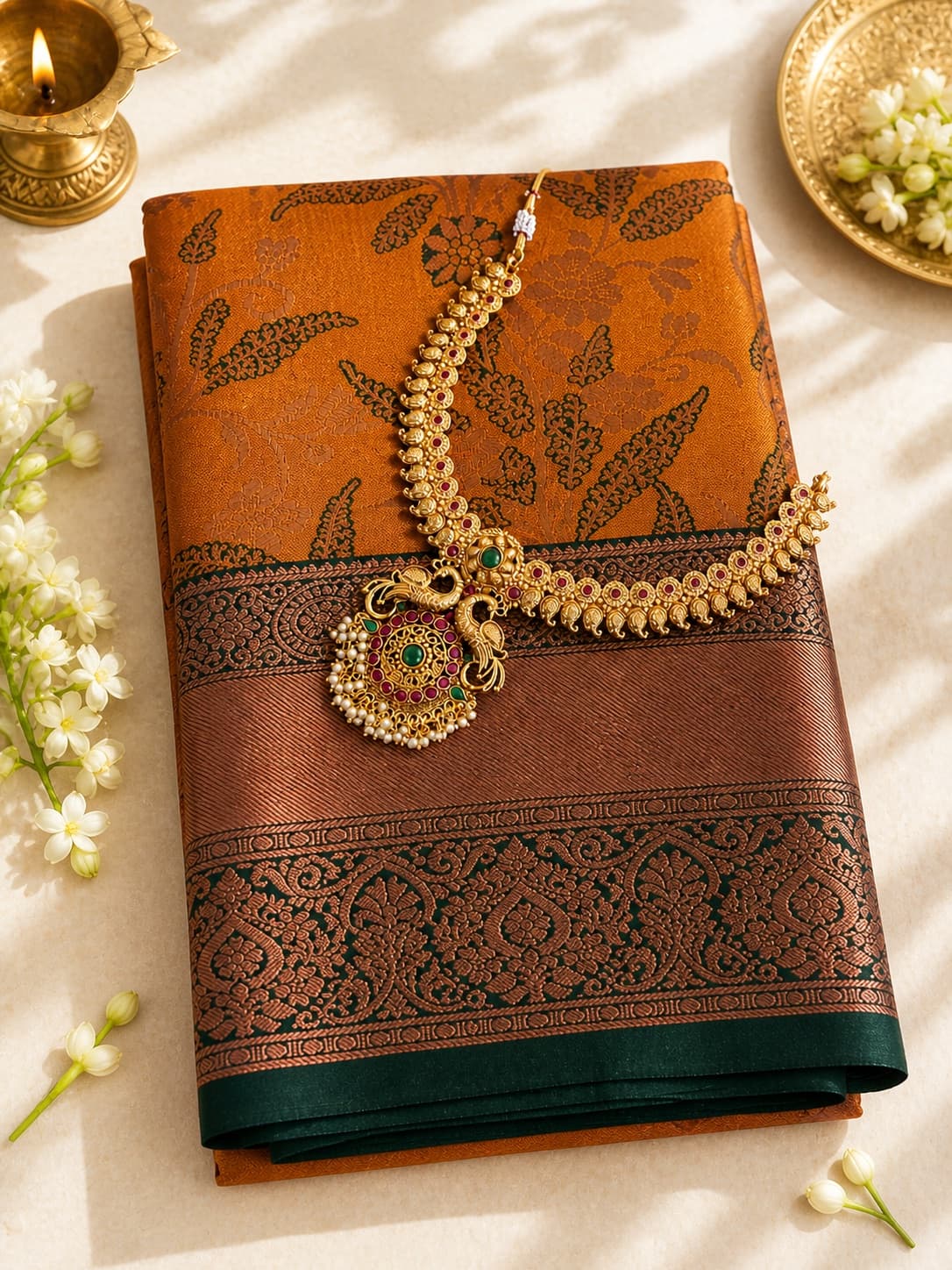 Semi Silk - Mustard With Green Border saree