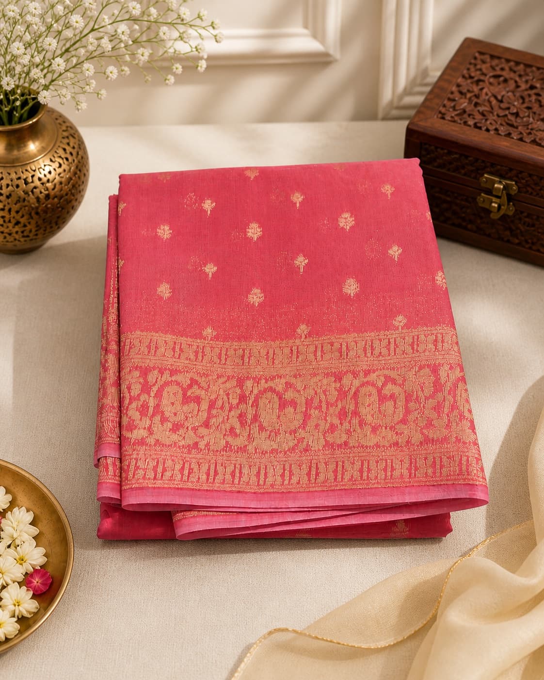 Pink CottonSaree With Zari Border