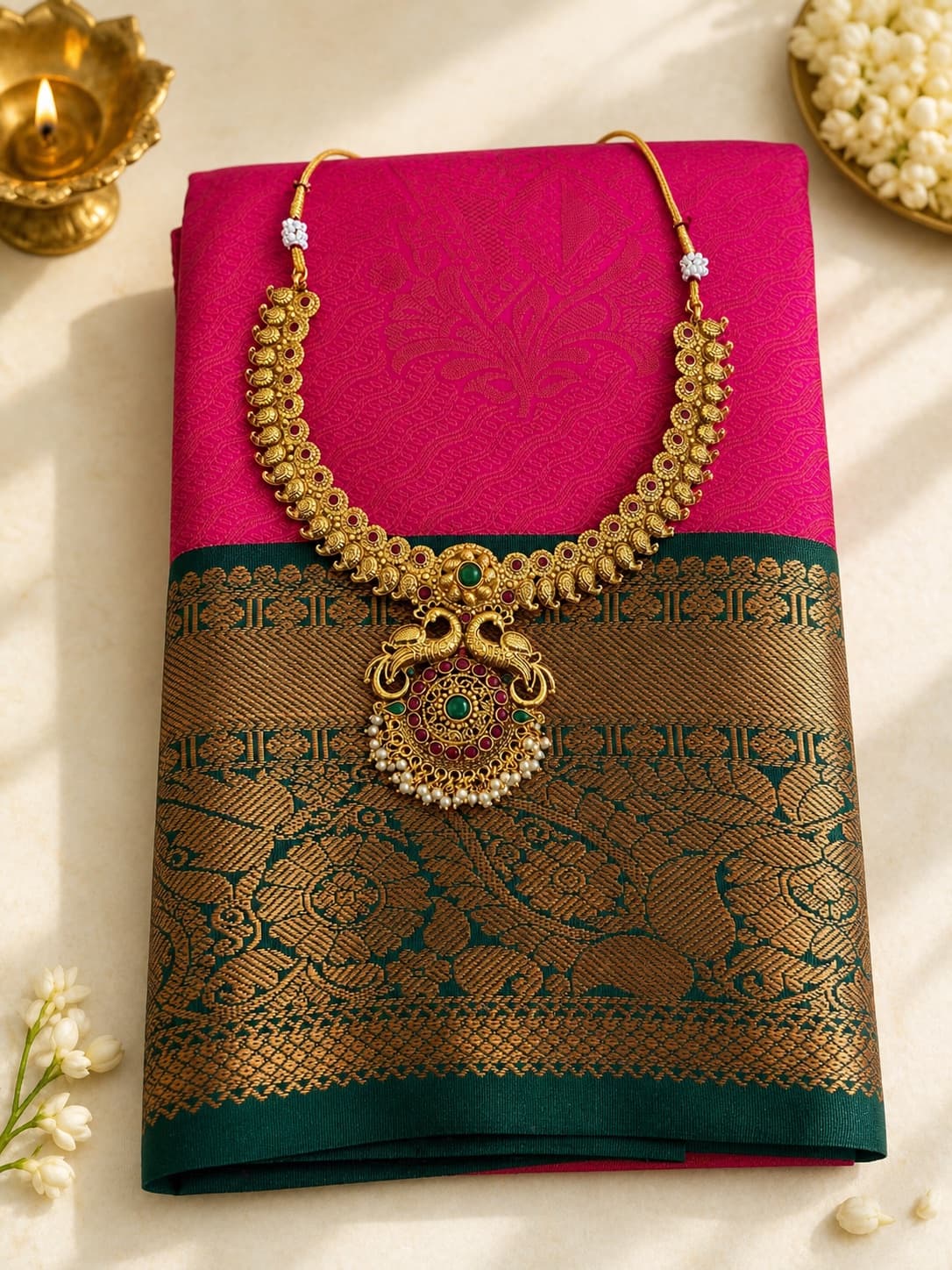 Kottanji Border Semi Silk - Pink With Green Border saree