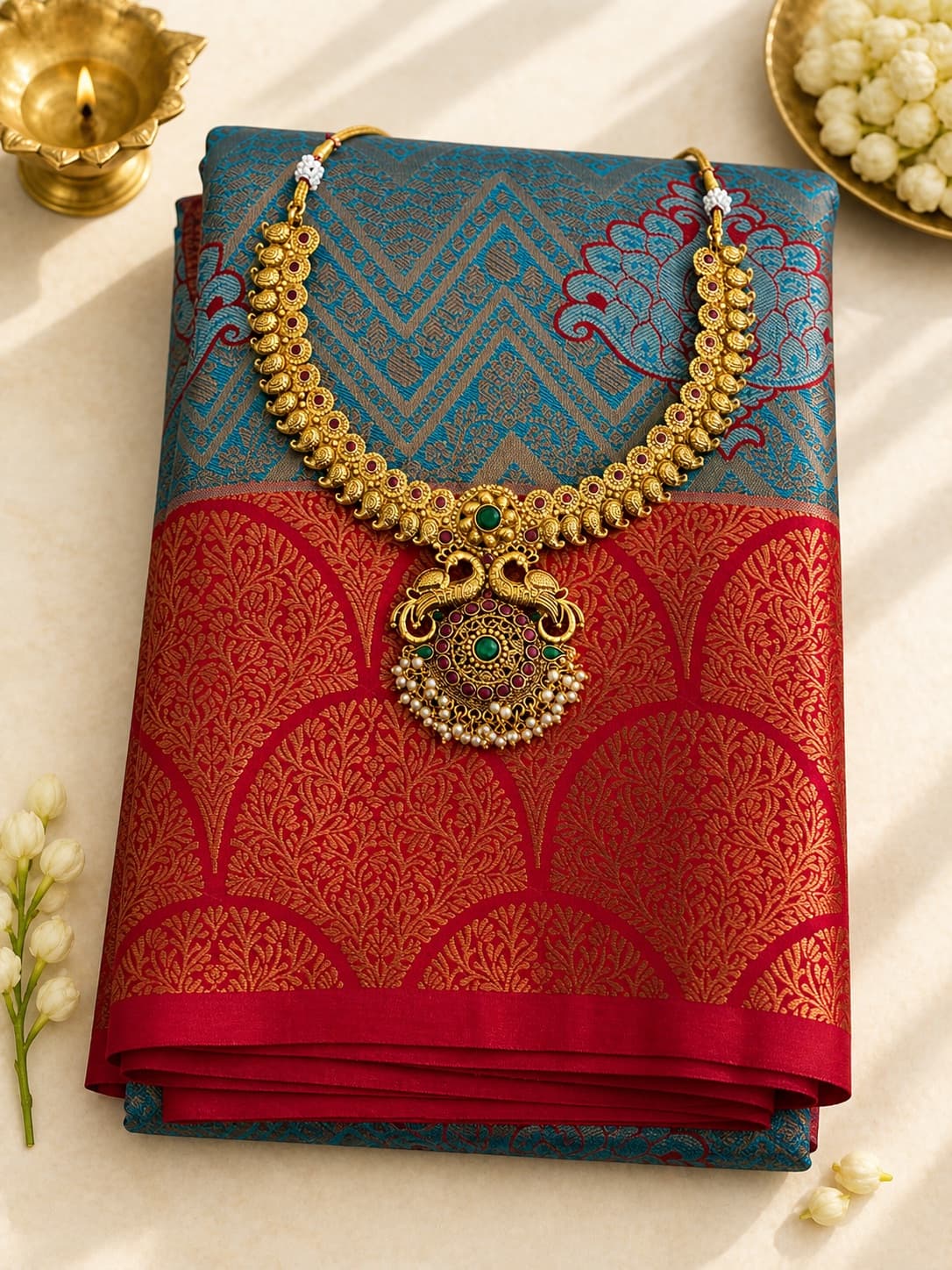 Kottanji Border Semi Silk - Blue With Red Border saree