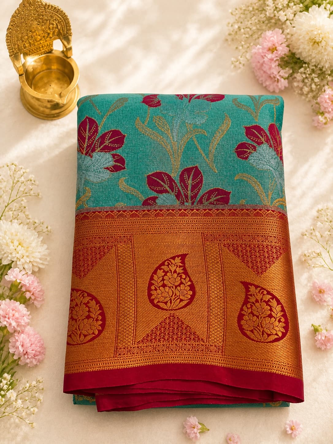 Semi Silk - Turquoise With Red Border saree