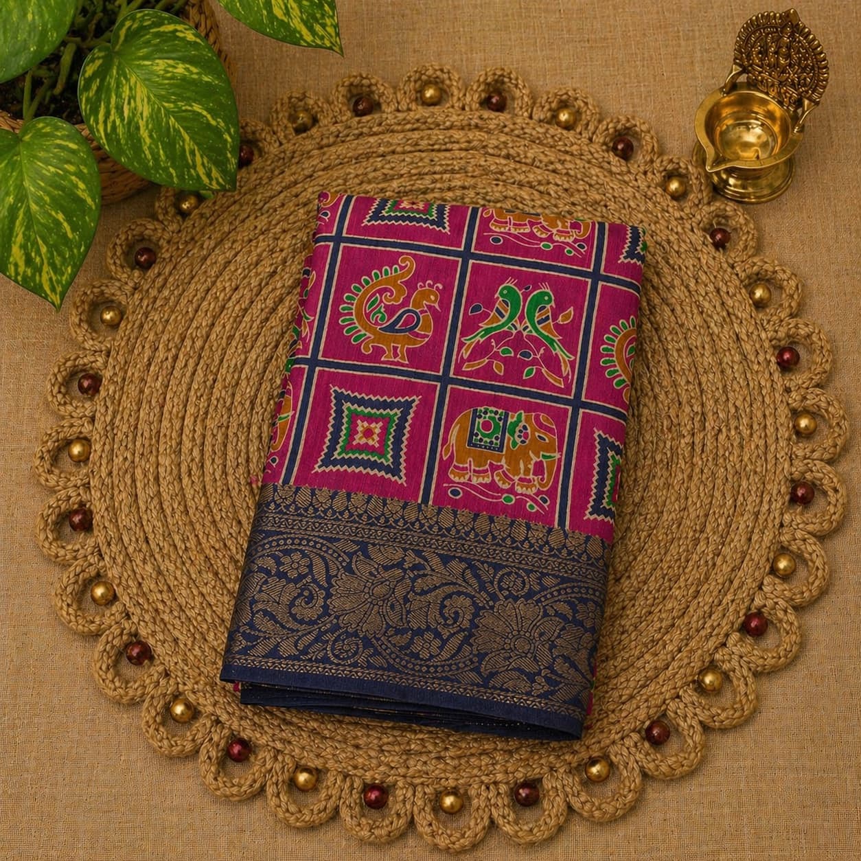 Blue, Pink Semi Silk Saree in Pochampally Print