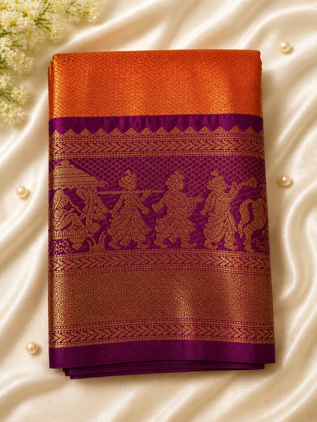 Semi Silk saree in Orange With Purple Border