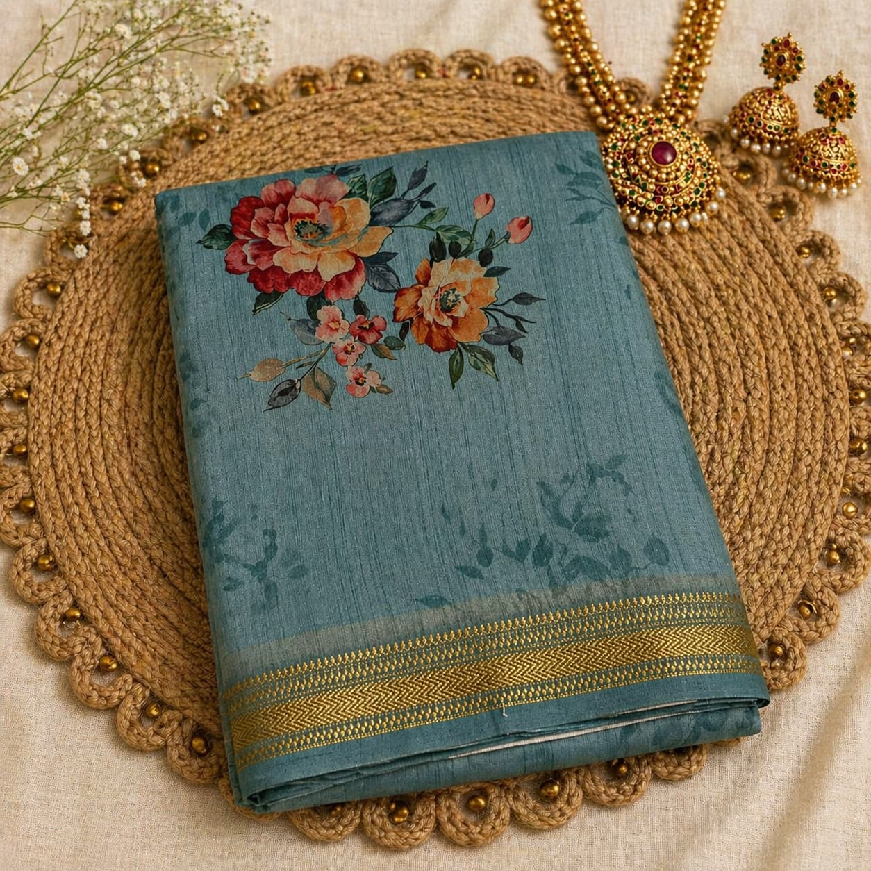 Blue Printed Floral Saree in Linen