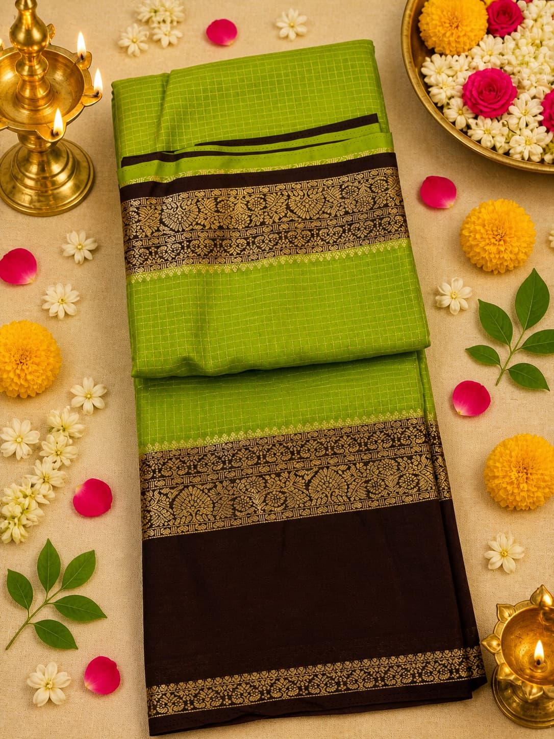 Green Crepe Silk Saree With Zari Border in Lime Green / Dark Brown