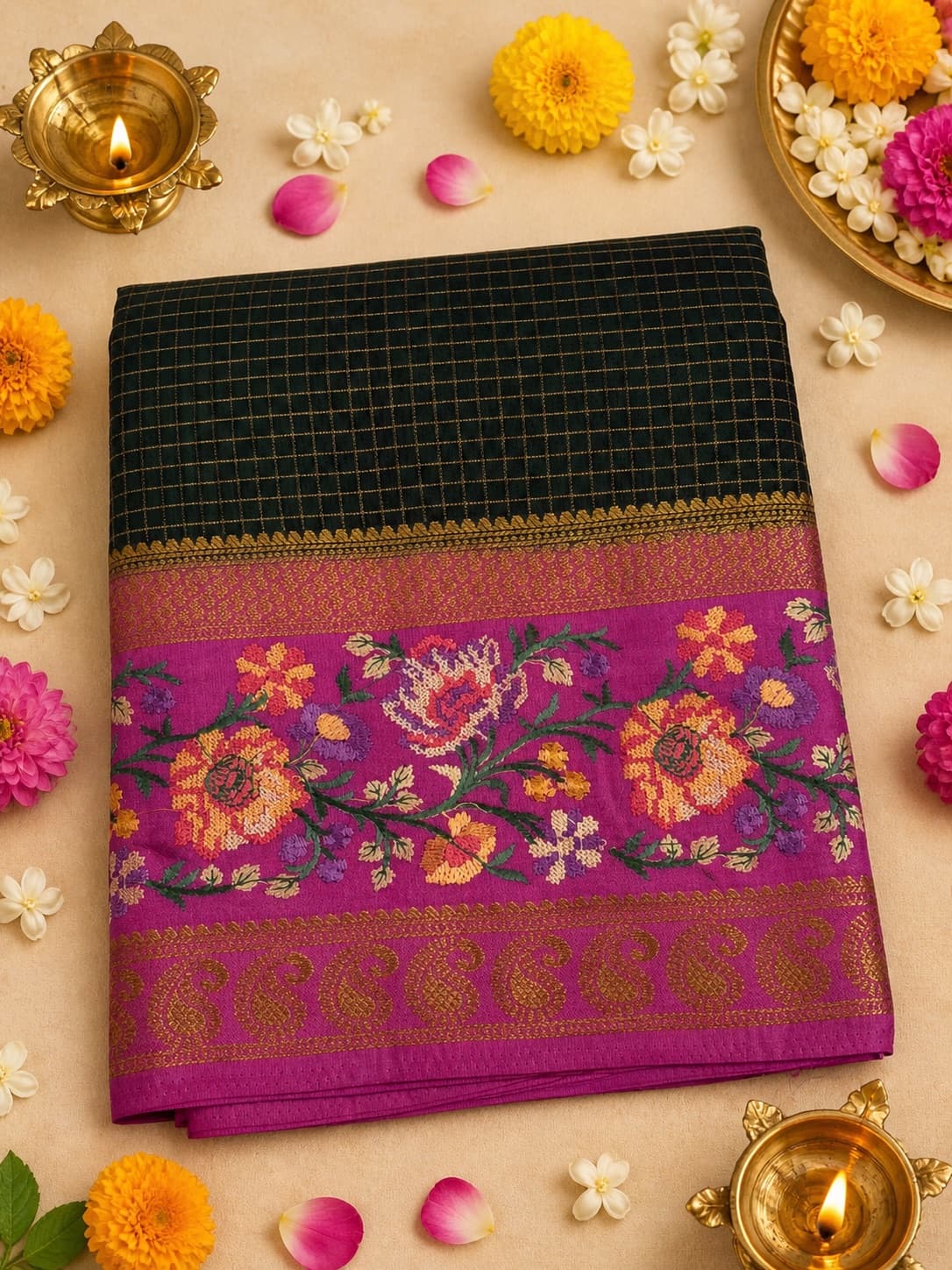 Bottle Green Dola Sink Saree With Pink Contrasting Floral Embroidered Saree in Dola Silk