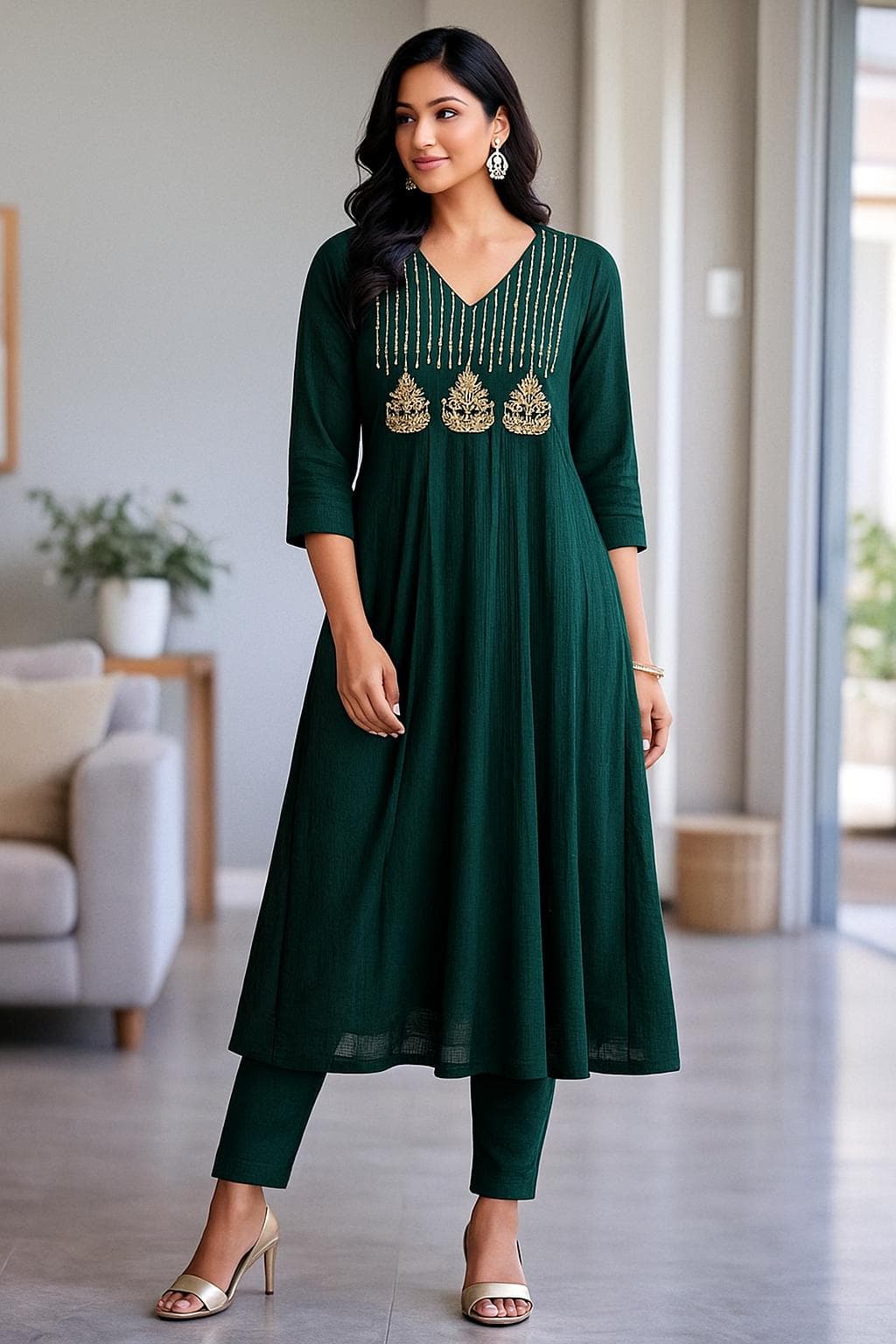 Bottle Green Kurti With Gold Embroidery in Georgette