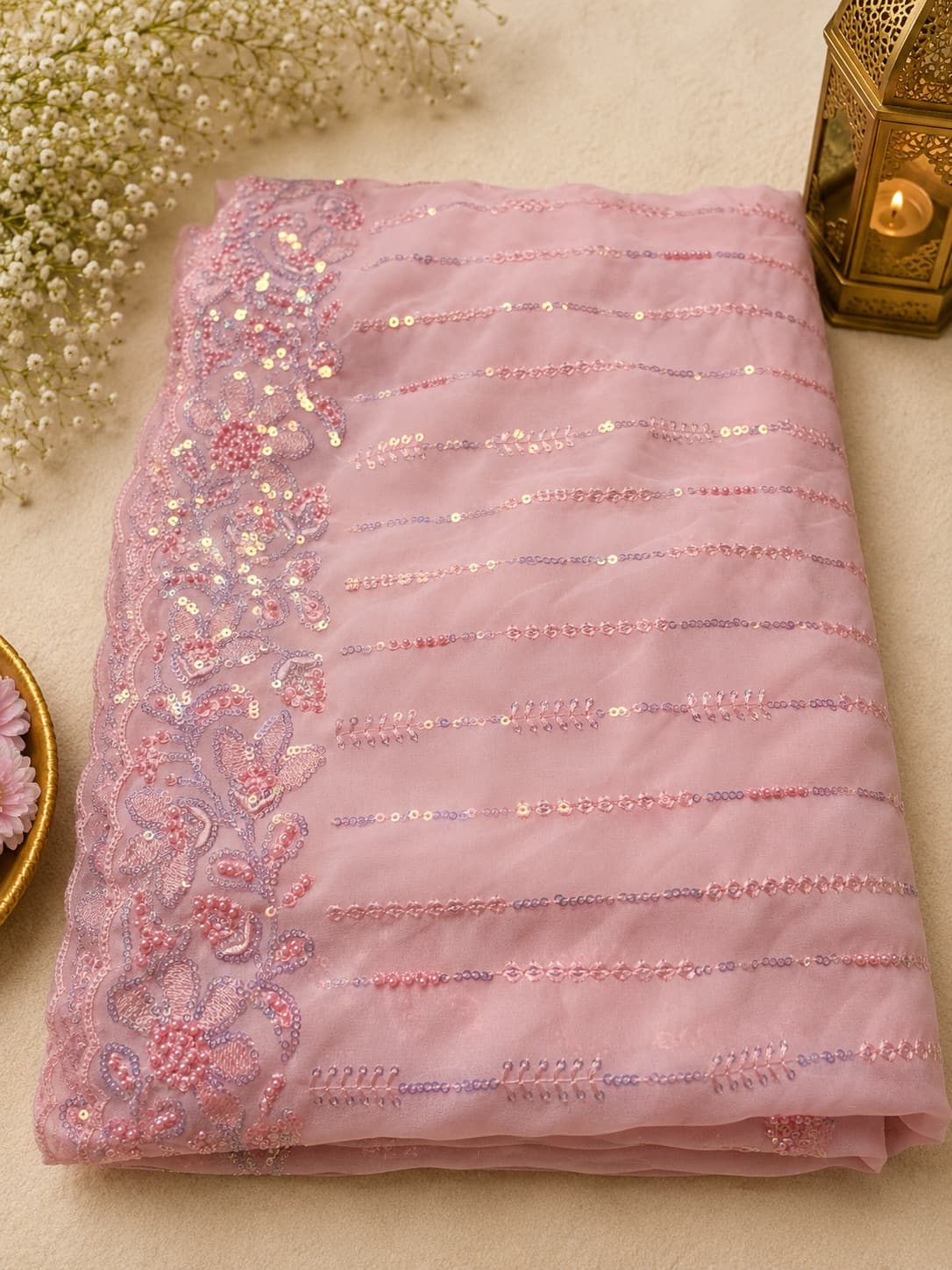 Chiffon Fancy Baby Pink Saree