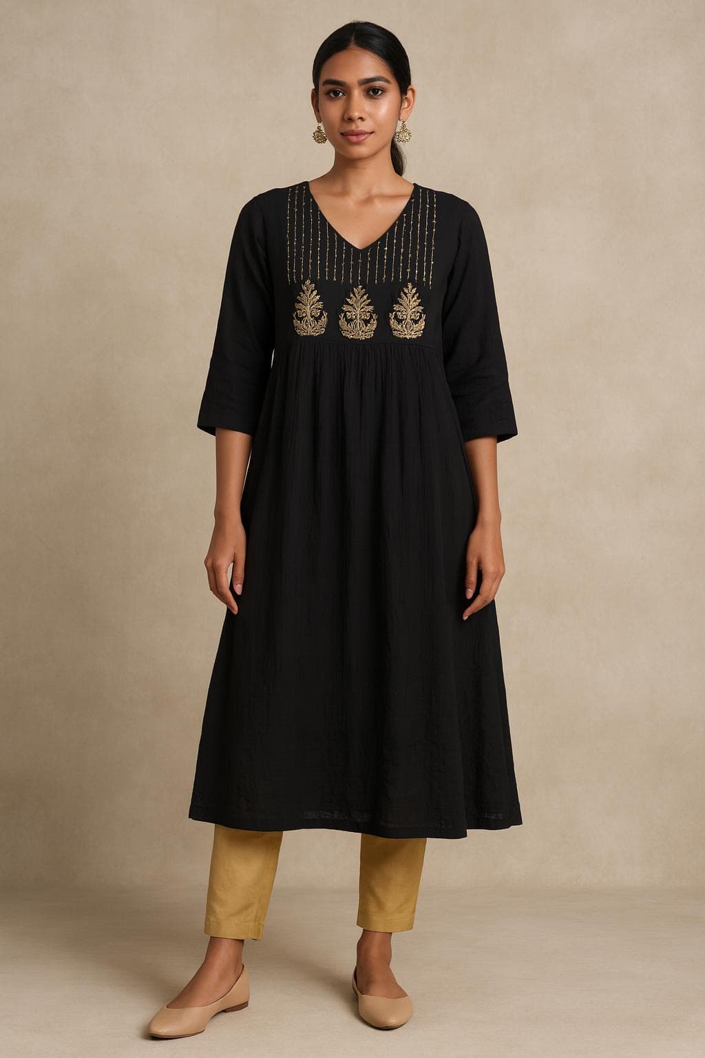 Elegant Black Kurti With Gold Thread Work in Georgette