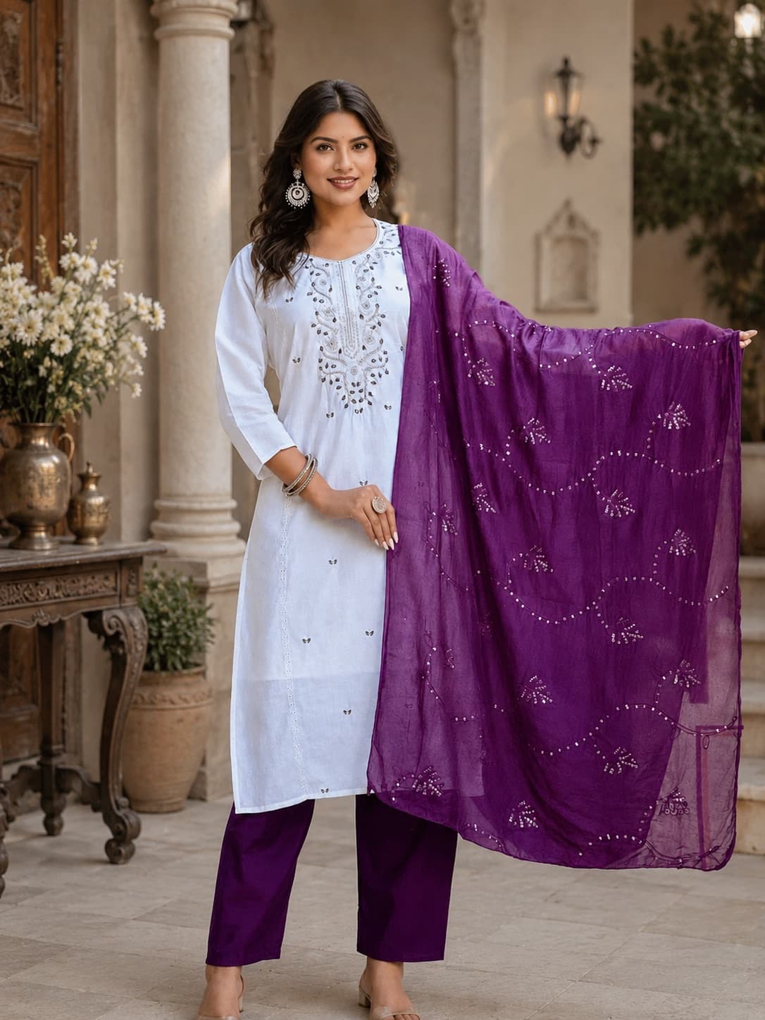 White Kurti With Purple Embroidered Yoke & Dupatta