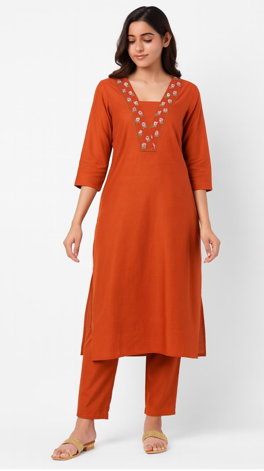 Rust Orange Kurti With Floral Embroidered Yoke in Cotton Silk