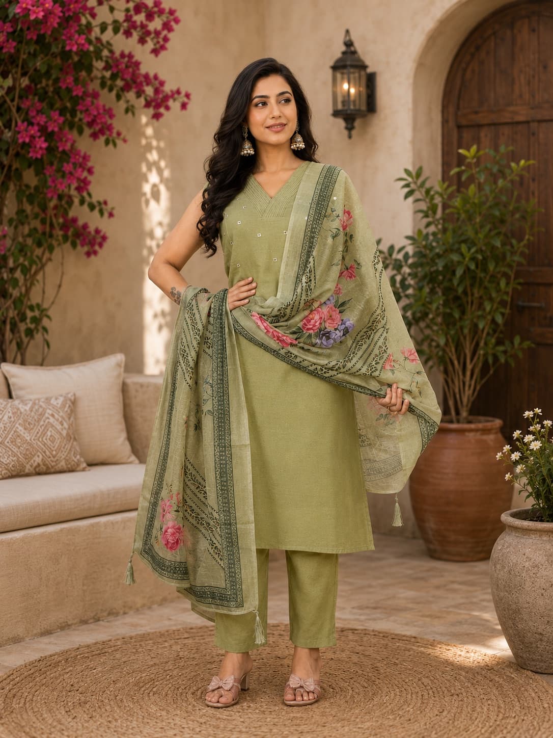 Green VeticáN Kurti Set With Chanderi Digital Dupatta (With Pocket) in Vetican