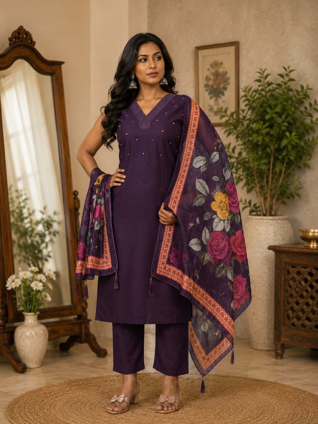 Purple VeticáN Kurti Set With Chanderi Digital Dupatta in Vetican
