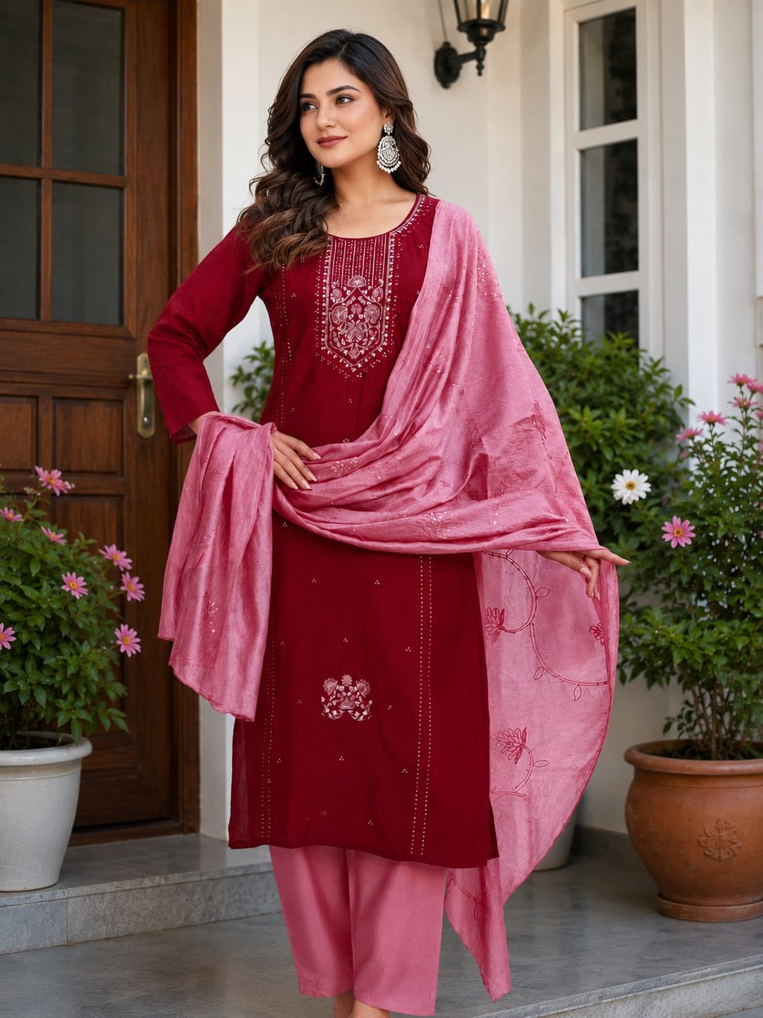 Wine Maroon Embroidered Kurti With Pink Printed Dupatta