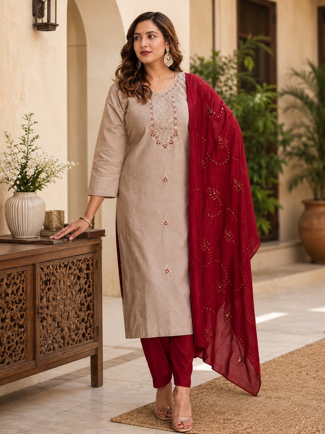 Beige Embroidered Kurti With Maroon Sequin Dupatta