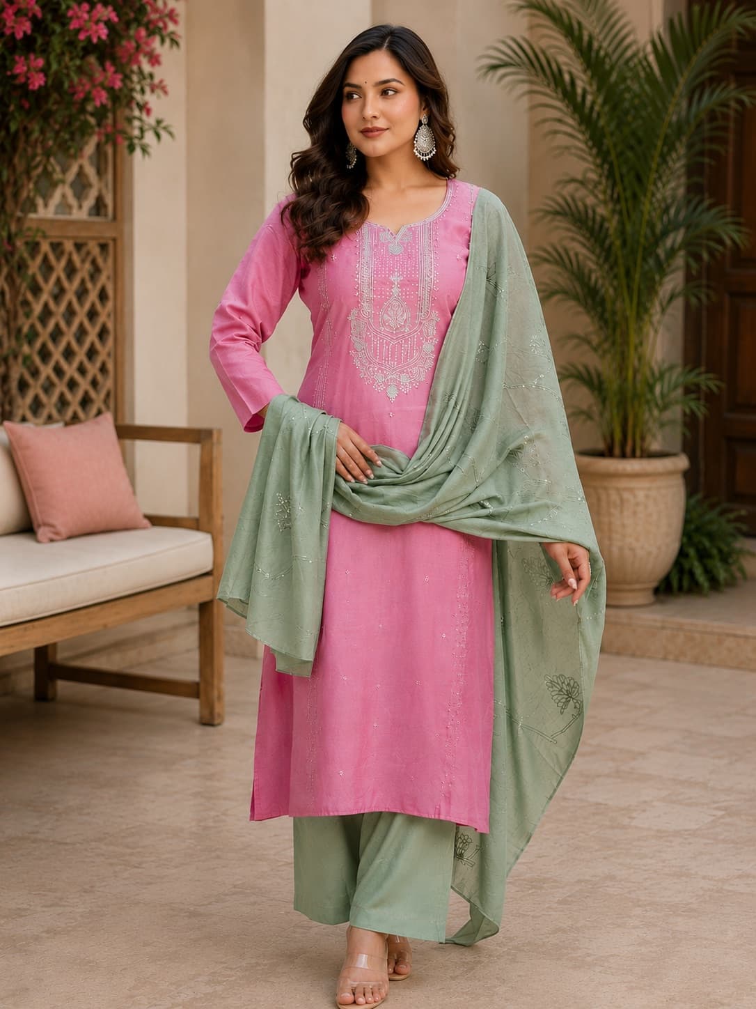 Pink Embroidered Kurti With Mint Green Dupatta & Pants