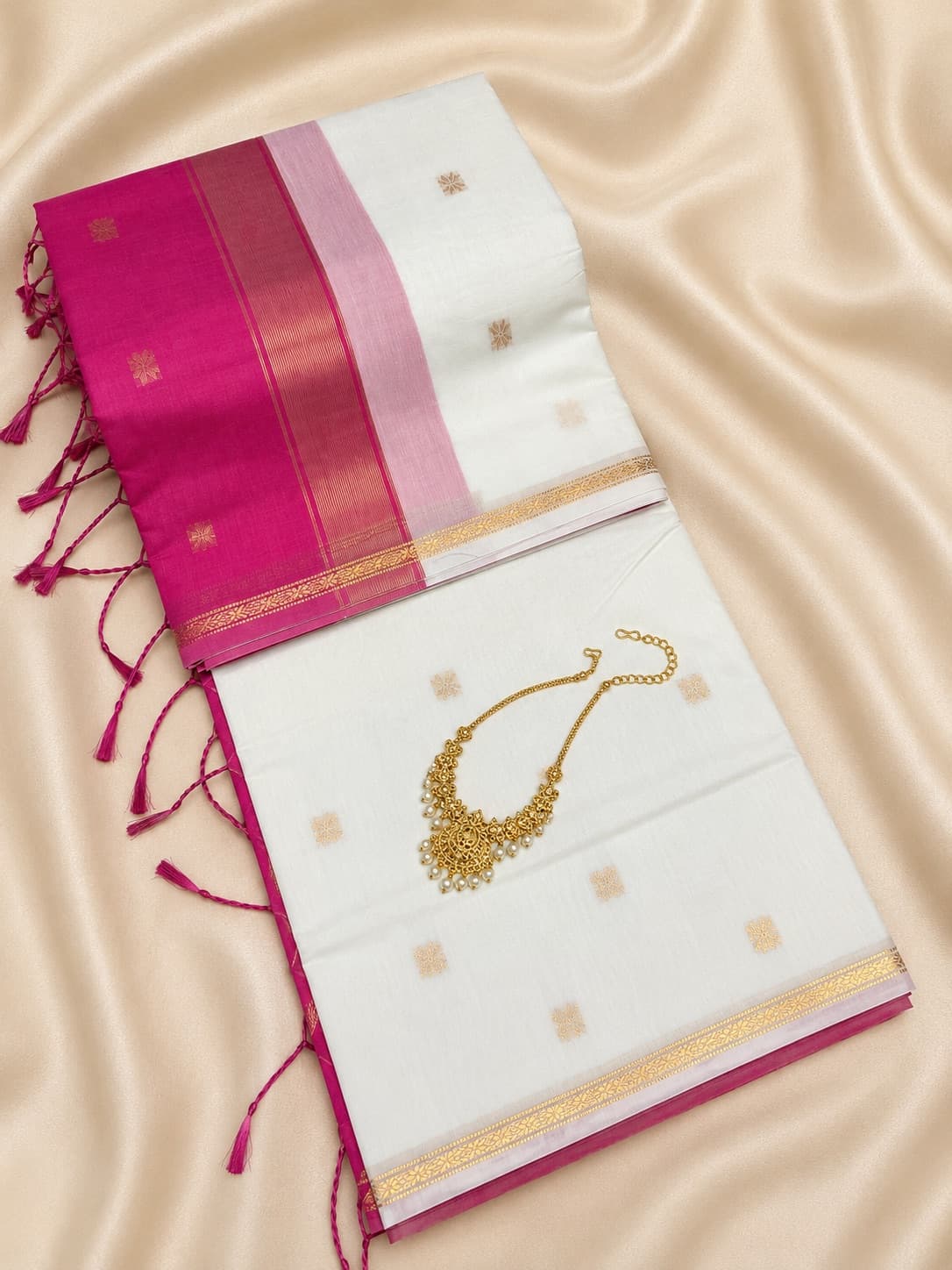 White Cotton Saree With Pink Contrast Border