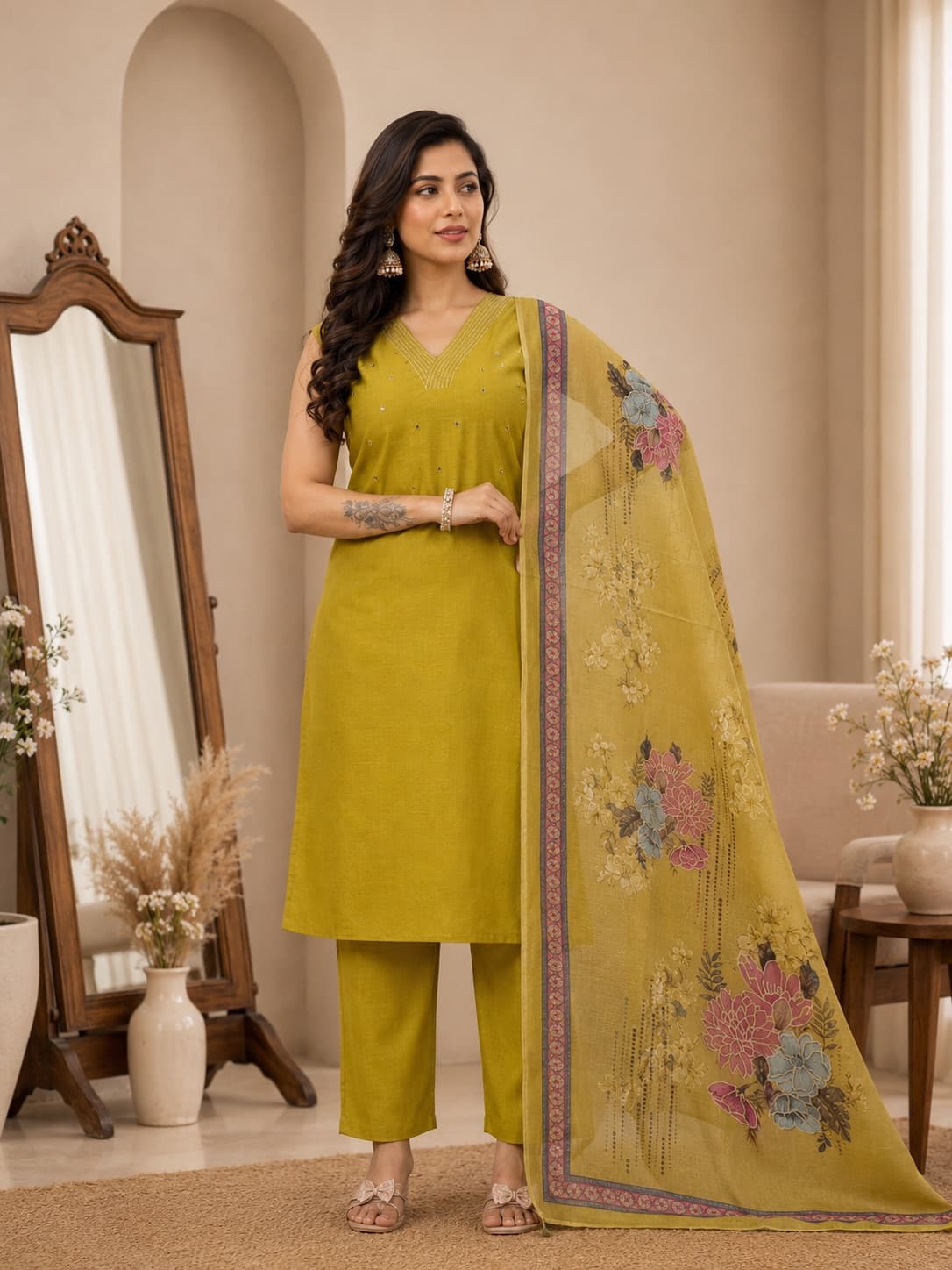 Mustard Yellow Kurti With Floral Printed Dupatta & Pants