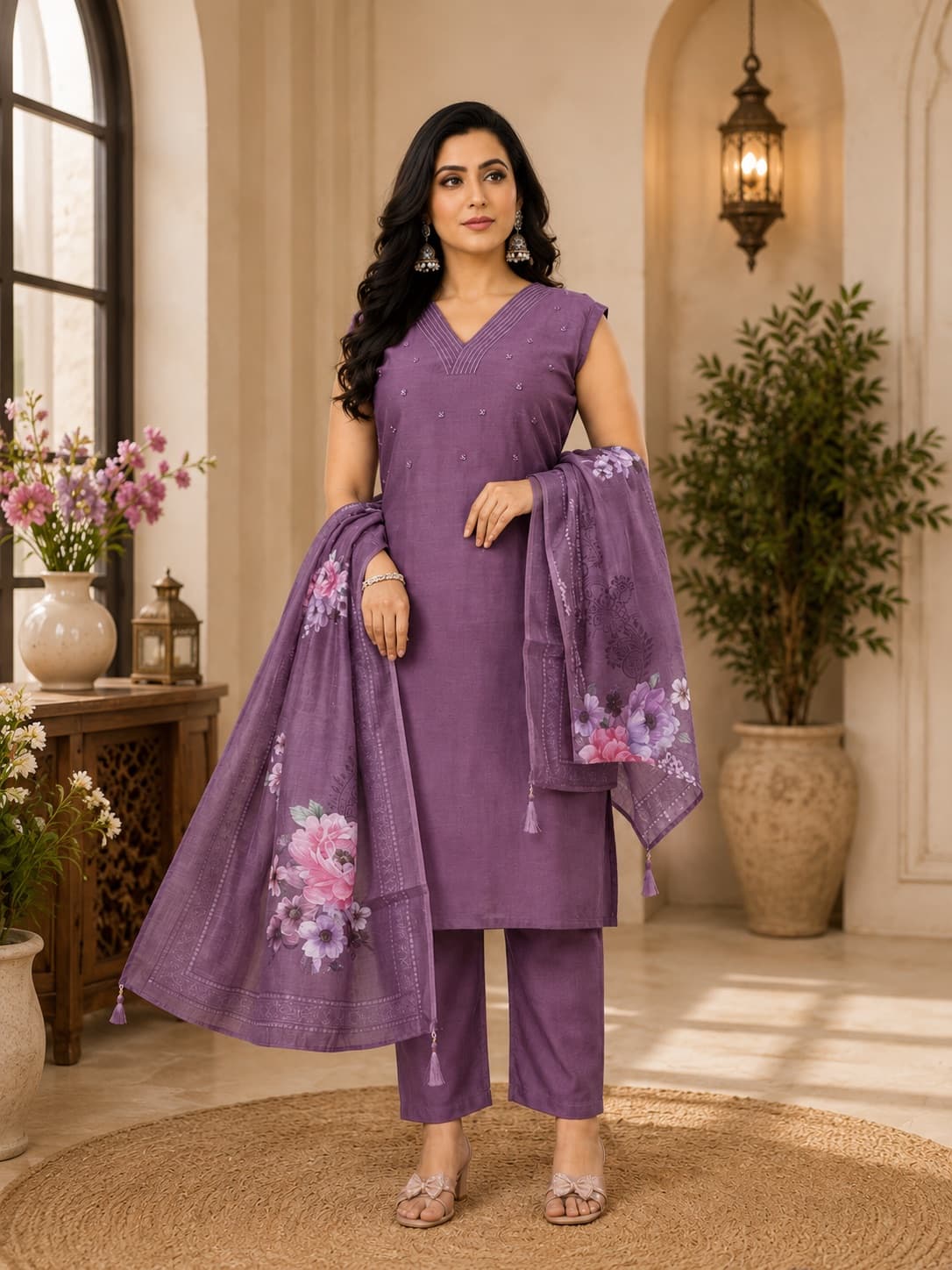 Mauve Purple Kurti With Floral Printed Dupatta & Pants
