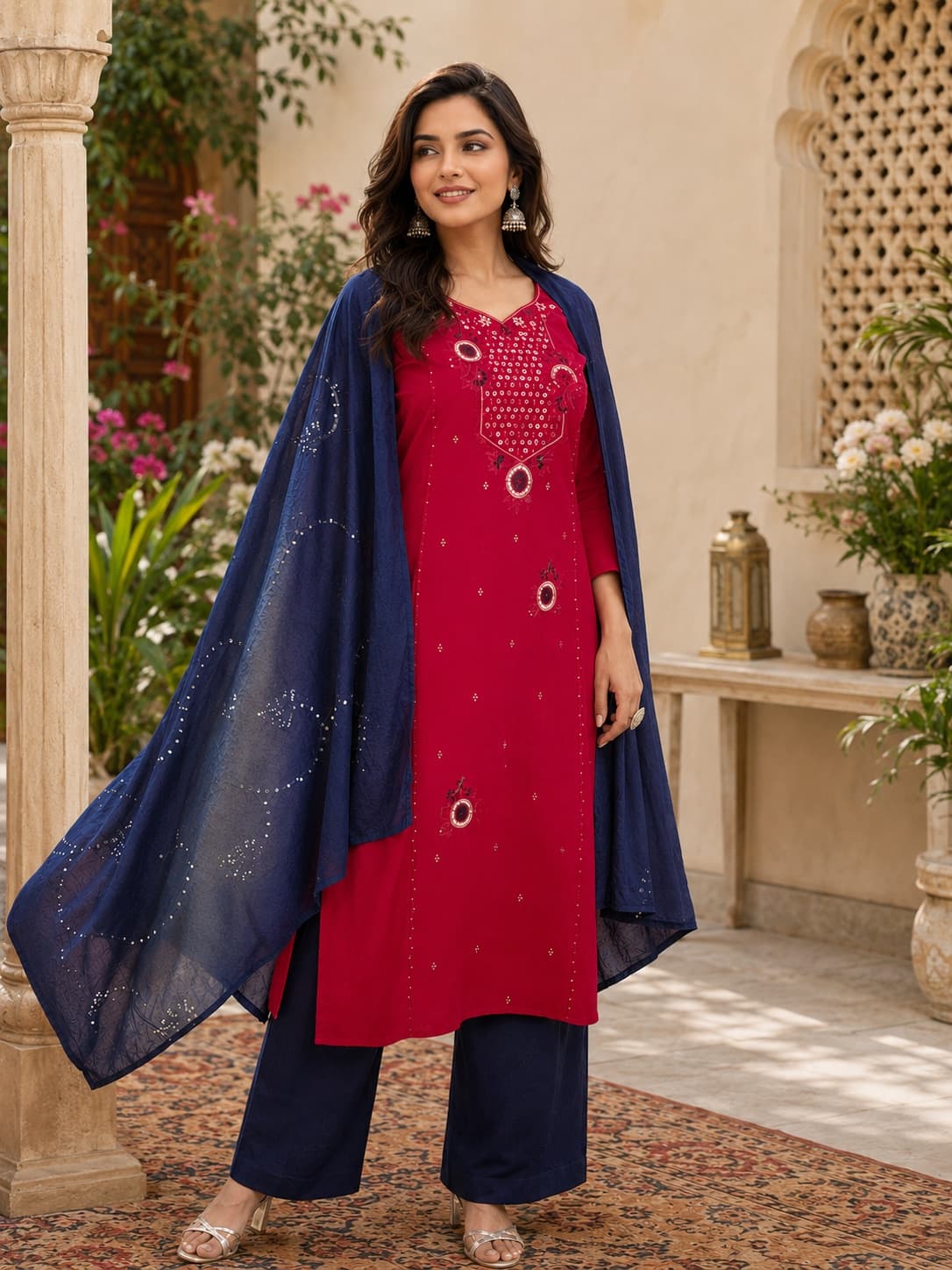 Red Kurti With Embroidered Yoke & Navy Dupatta