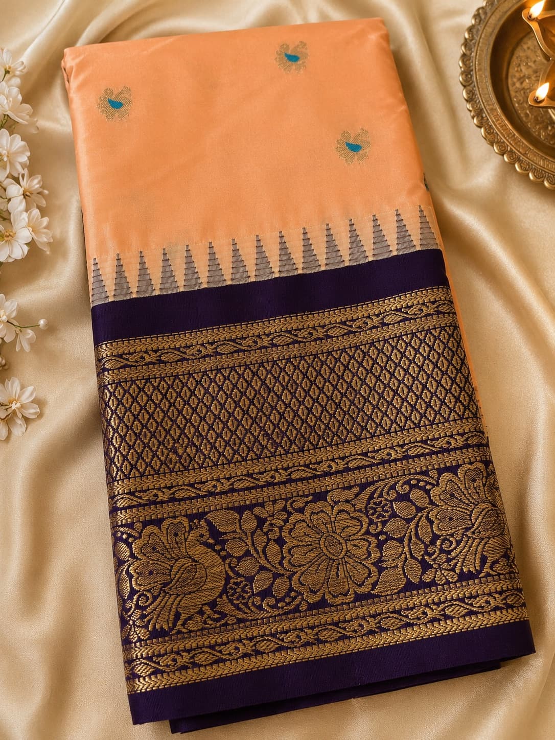 Peach & Purple Korvai Kanchi Semi Silk Saree With Zari Border