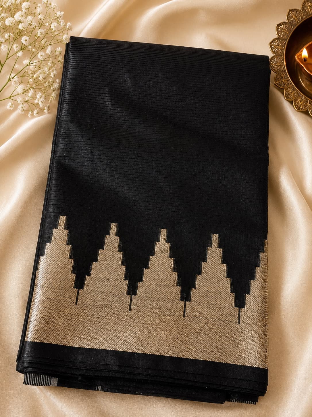Black & Gold Cotton Silk Saree With Temple Zari Border