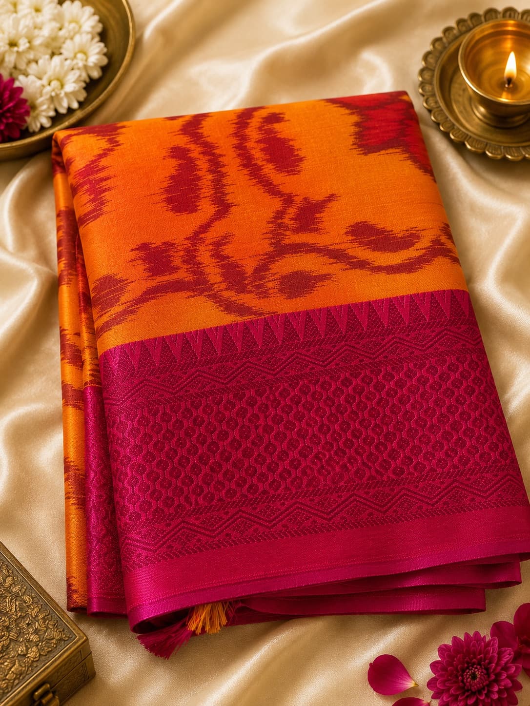 Orange & Pink Semi Silk Saree