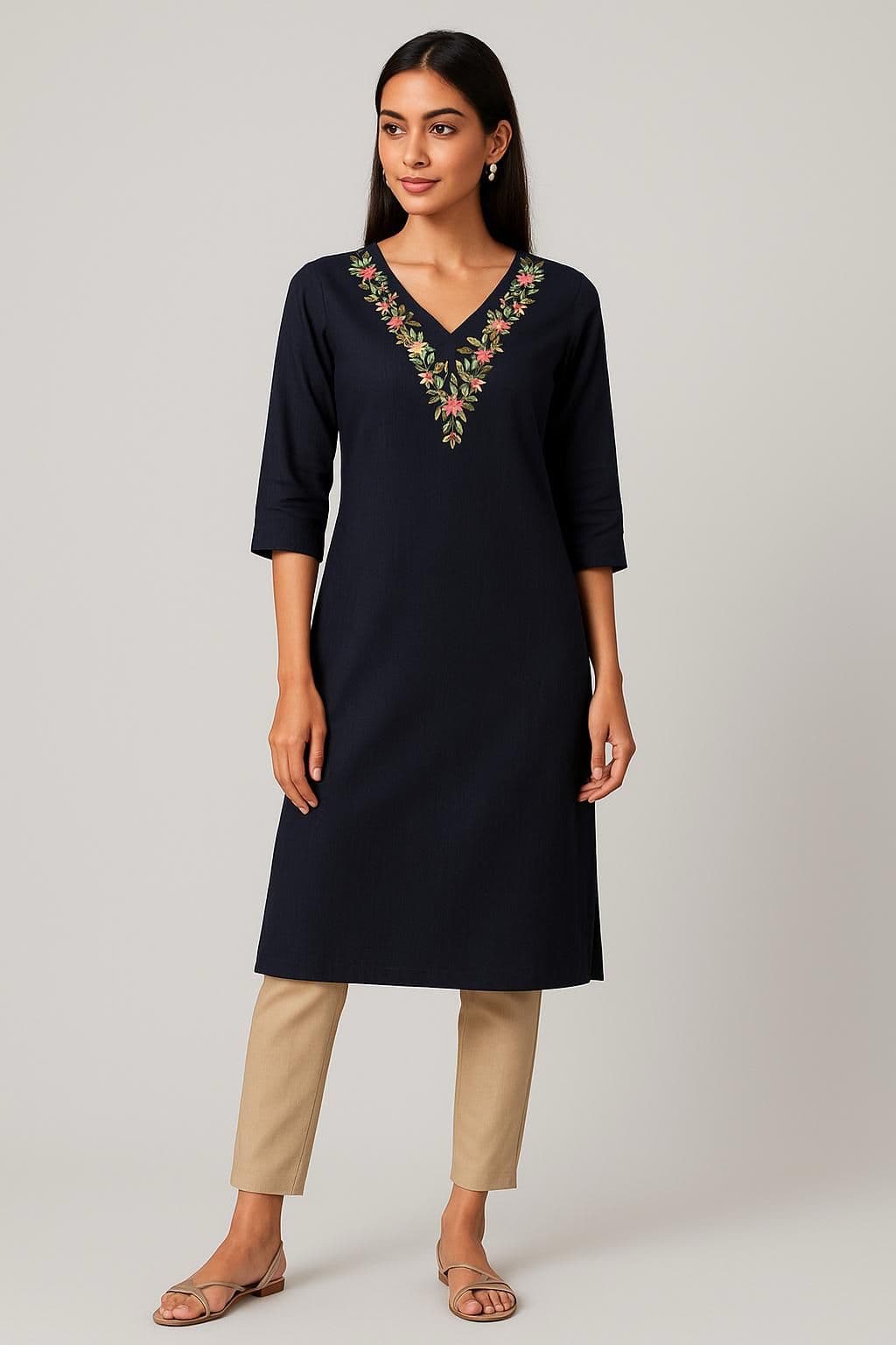 Navy Black V-Neck Cotton Silk Kurti With Floral Embroidery
