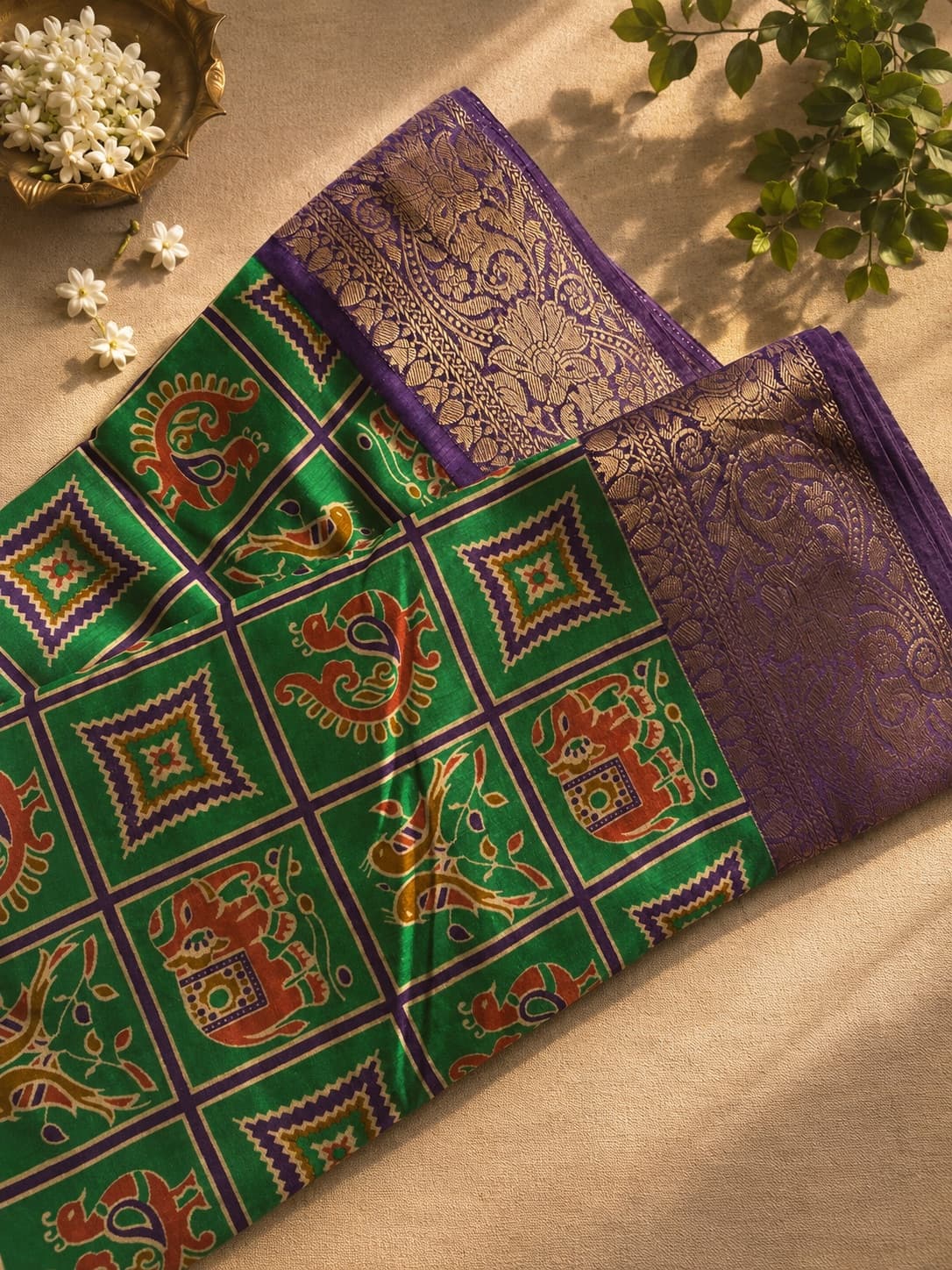 Green, Purple Semi Silk Saree