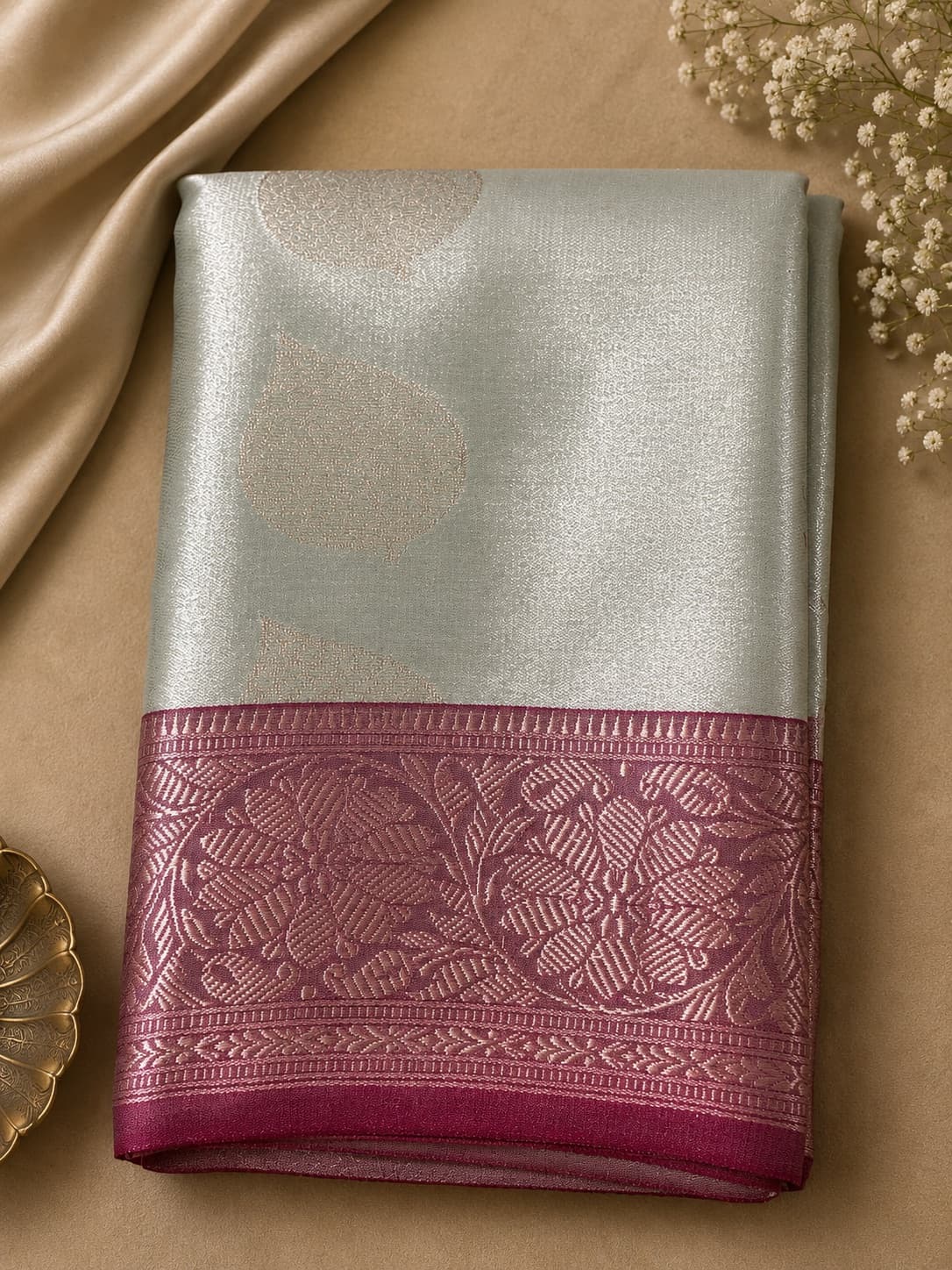 Tissue Semi Silk - Shaded Pastel Green With Pink Border