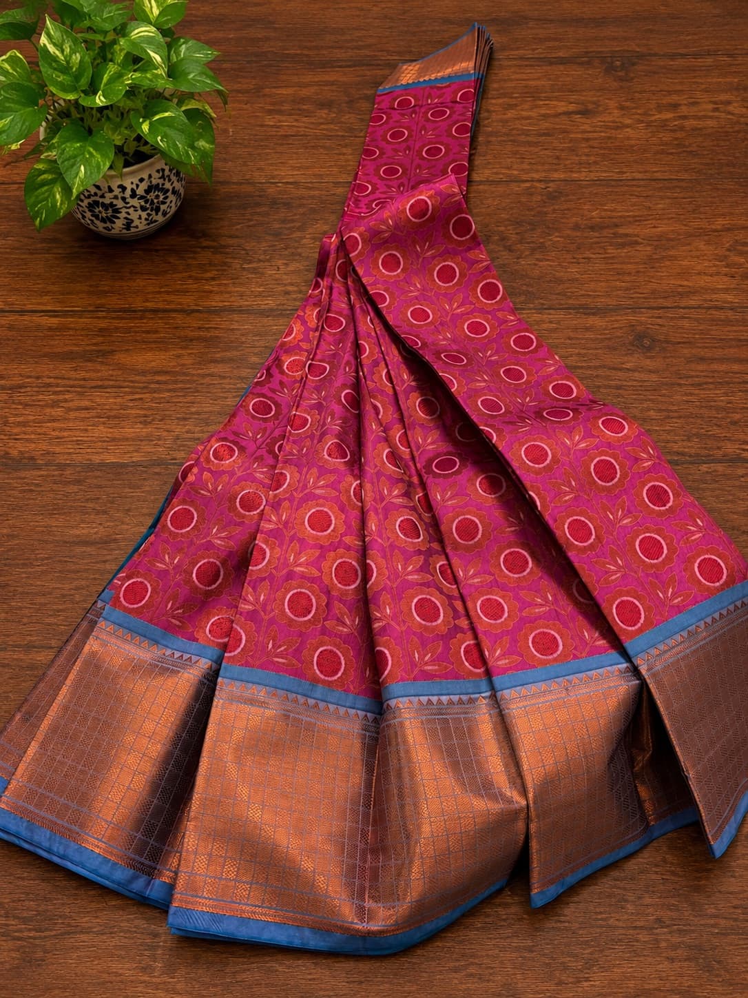 Pink With Blue Headpiece - Samudrika Pattu