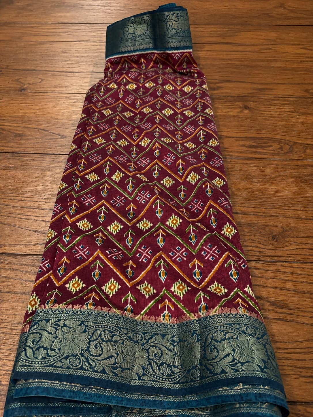 Blue, Maroon Semi Silk Saree in Maroon With Blue Pallu And Blouse, Ikat Silk