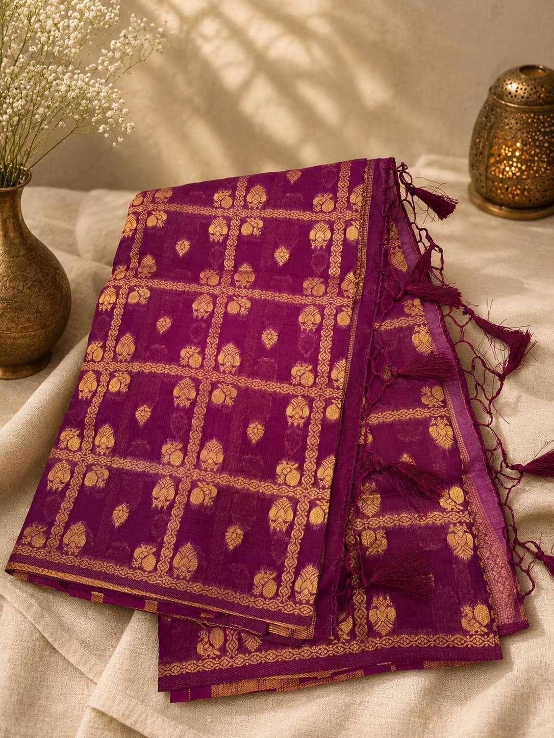 Wine Colour Raw Silk Saree With Golden Zari Checks