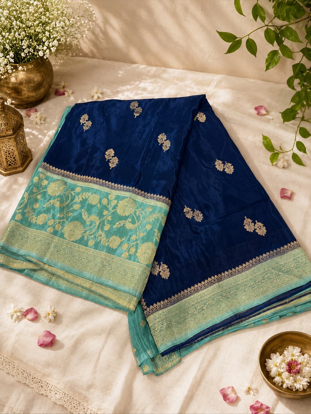 Navy Blue Dola Semi Silk Saree With Zari Motifs