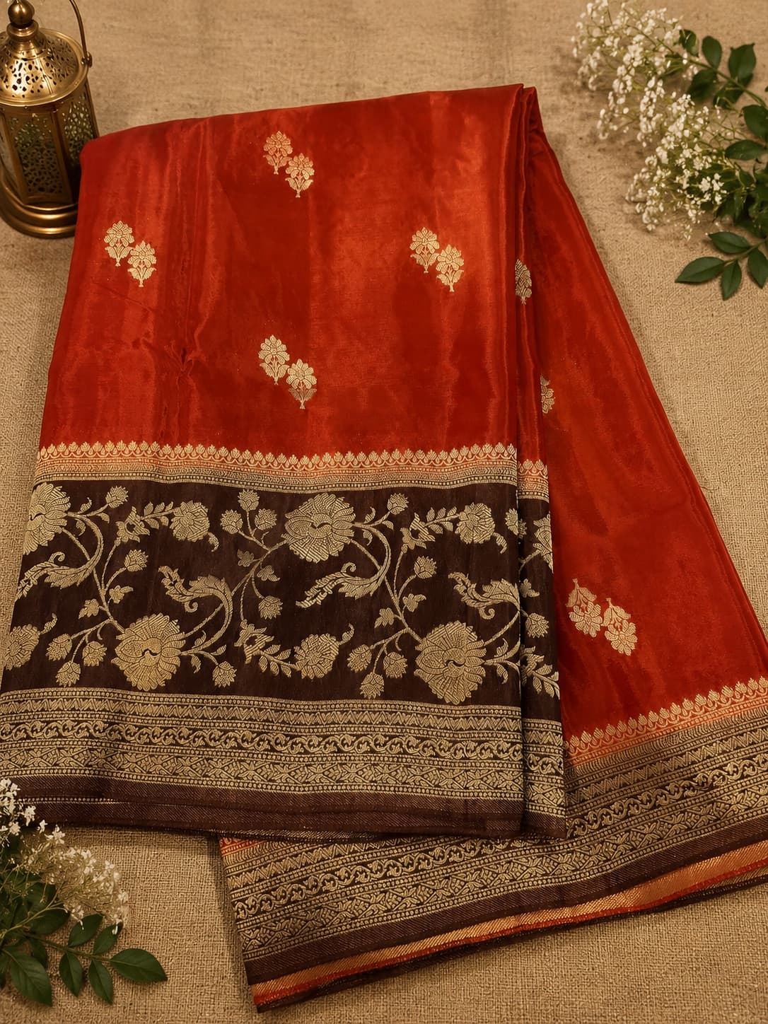 Rust Orange Dola Semi Silk Saree With Zari Motifs