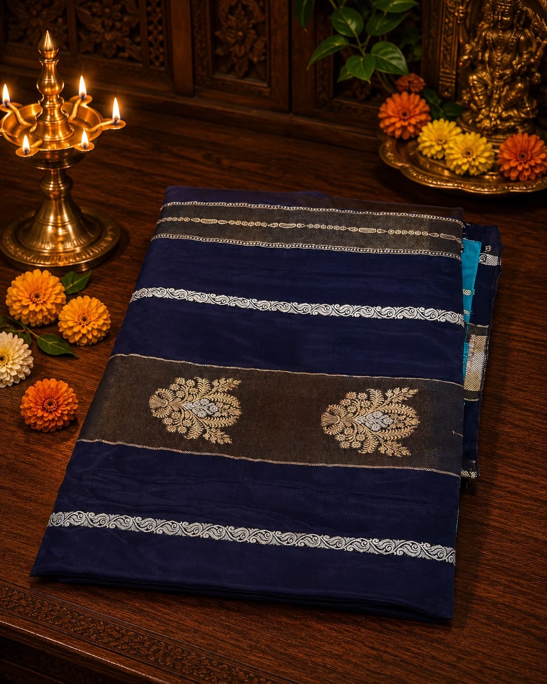 Navy Blue Silk Saree With Zari Work