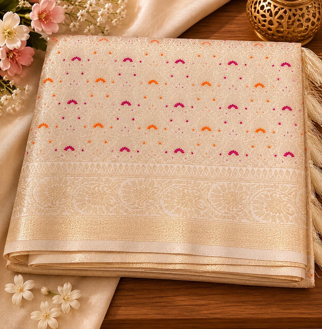 Cream Silk Saree With Paisley Motifs