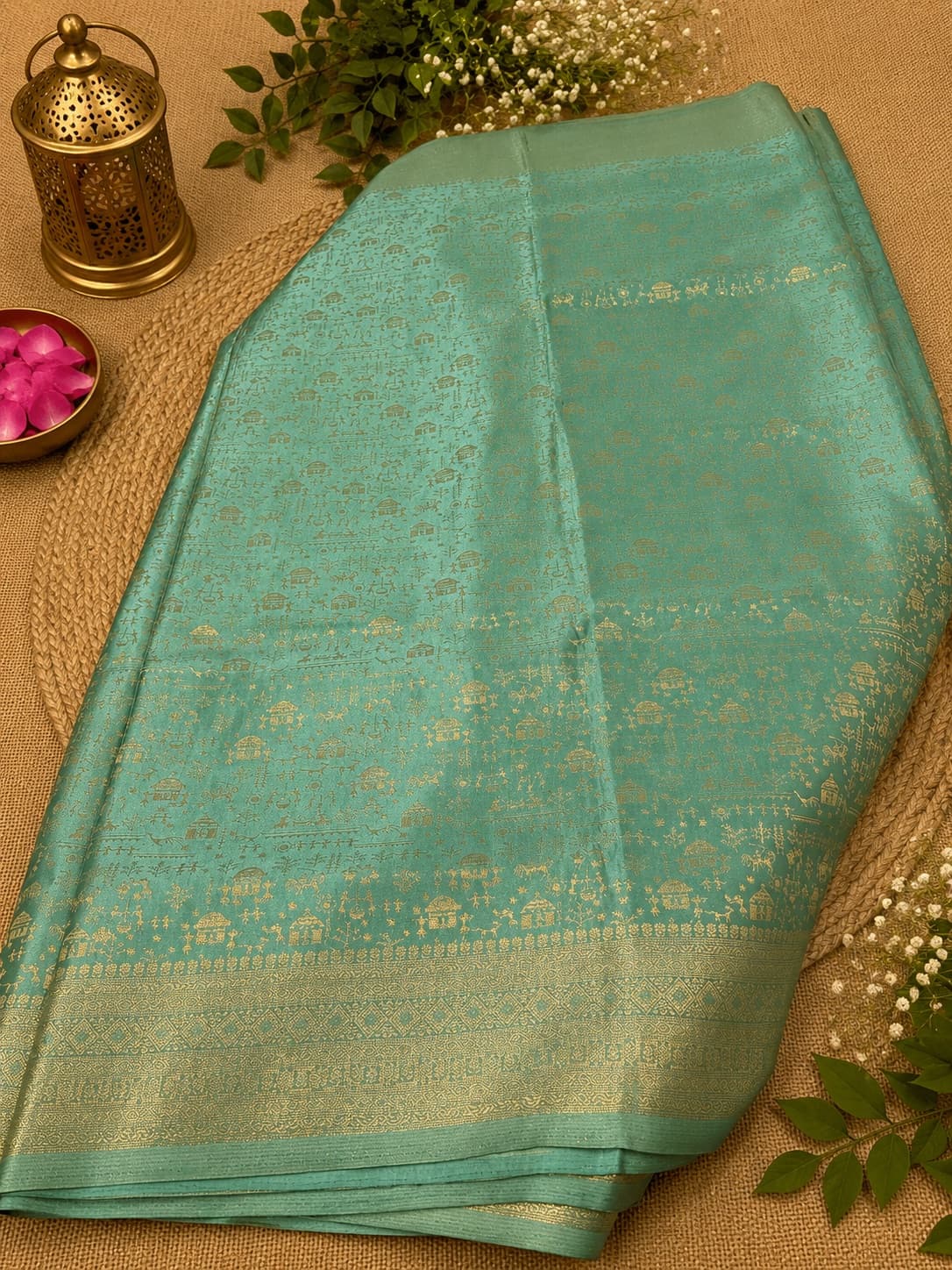 Aqua Blue Silk Saree With Warli Print