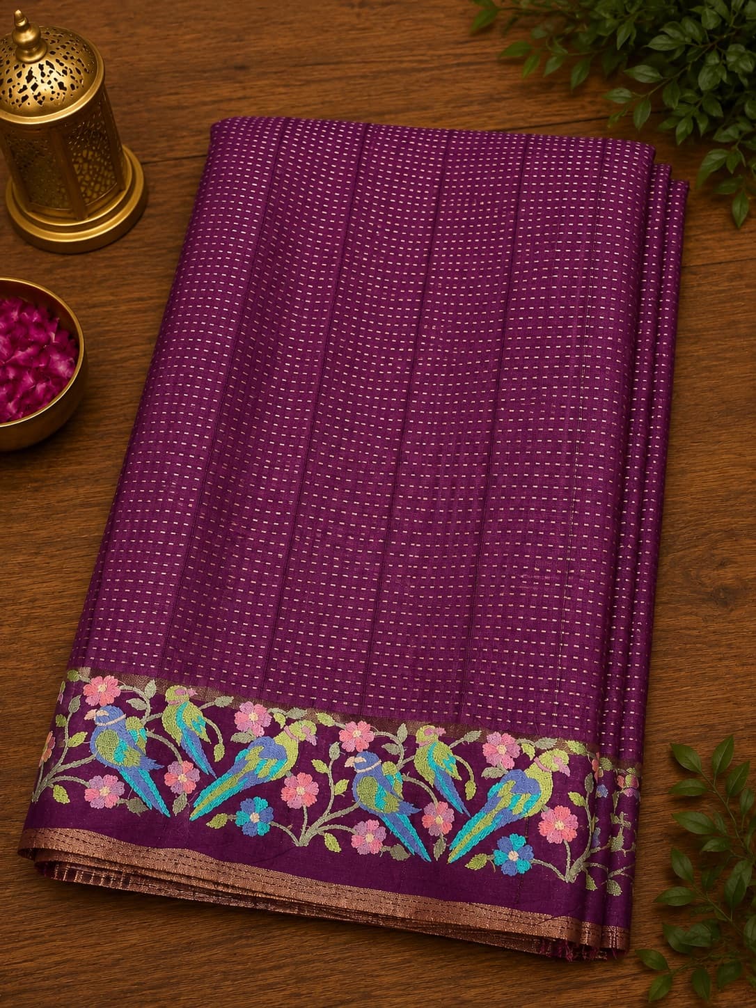 Purple Silk Saree With Bird And Floral Border