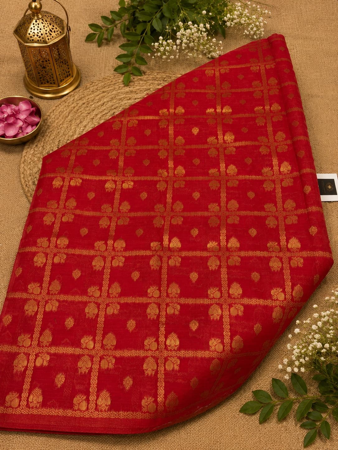 Red Silk Saree With Golden Zari Checks