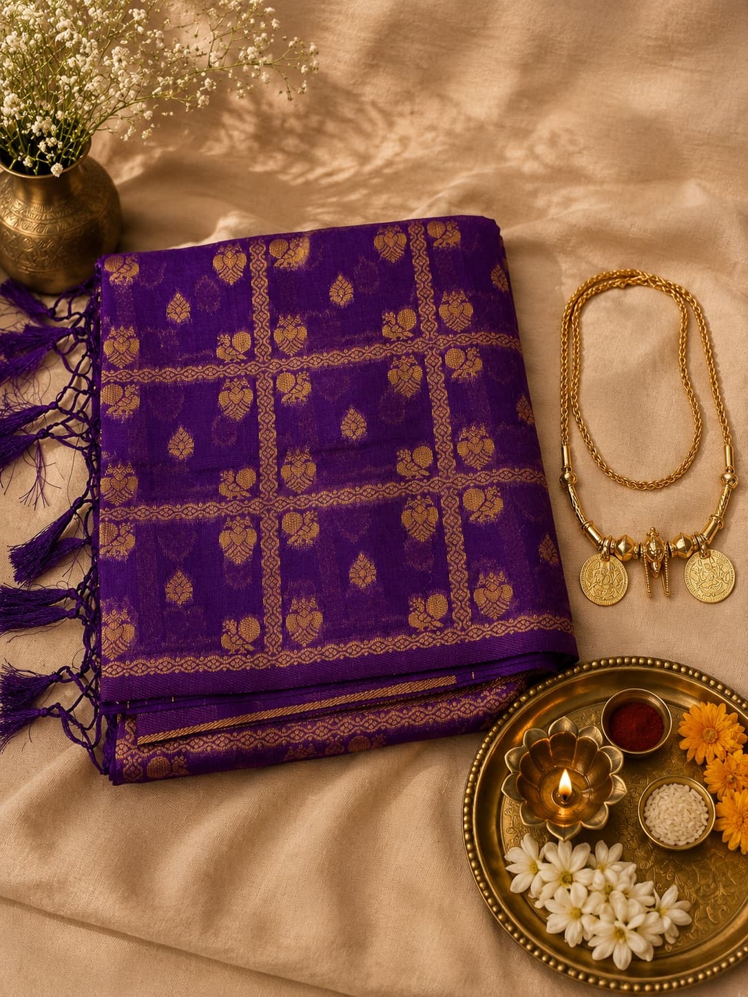 Purple Colour Raw Silk Saree With Golden Zari Checks