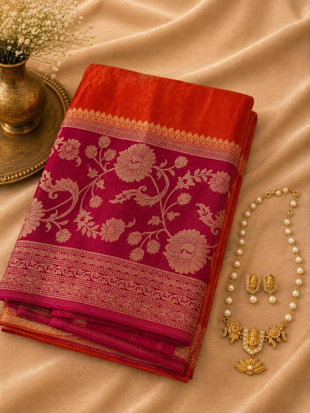 Orange And Rani Pink Semi Silk Saree