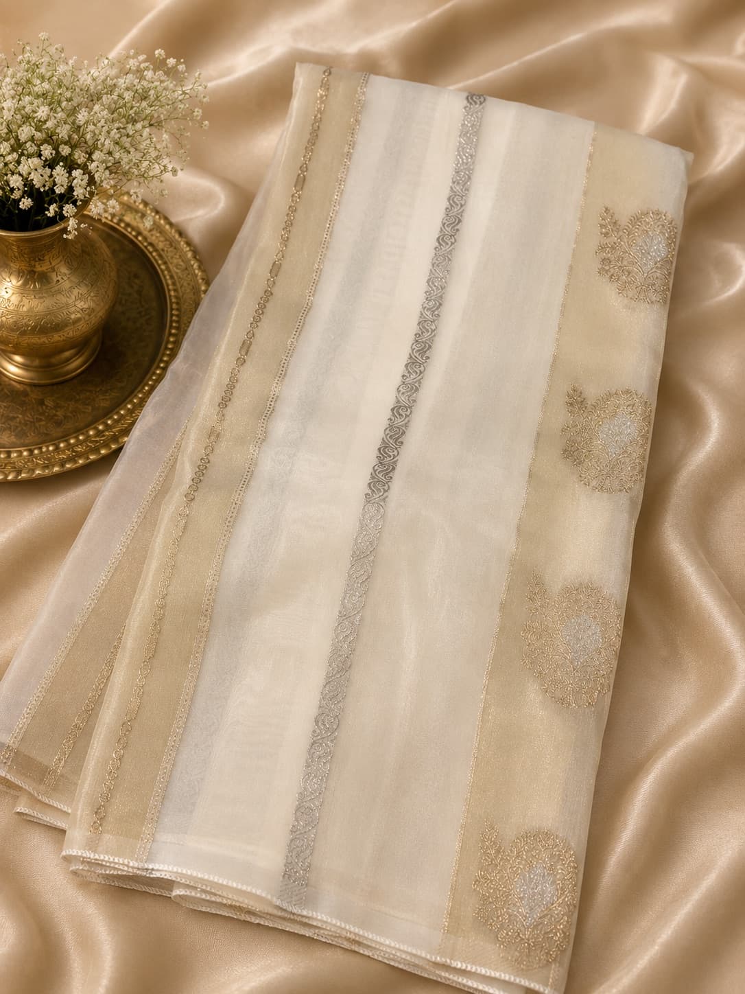 Off White Dola Silk Saree With Zari Work