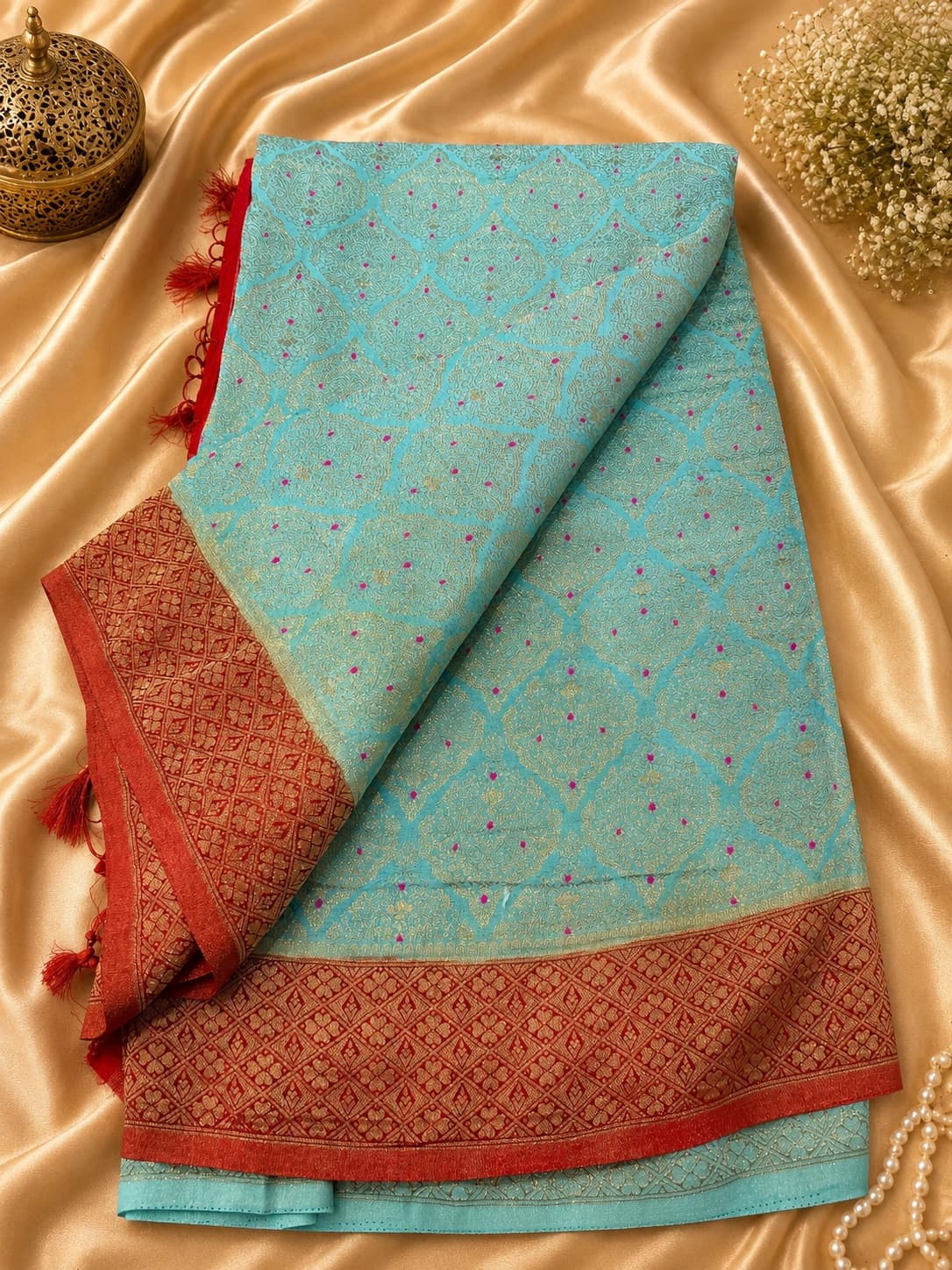 Aqua Blue Saree With Orange Pallu And Blouse in Aqua Blue / Orange, Georgette