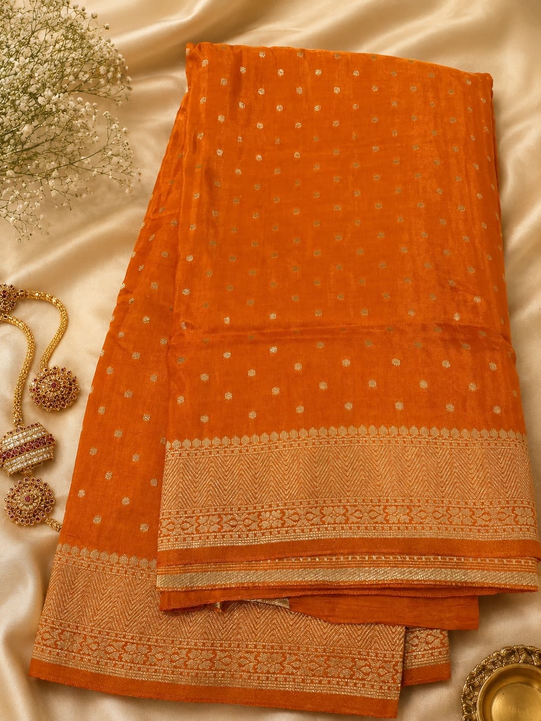Orange Viscose Dola saree in Orange / Gold