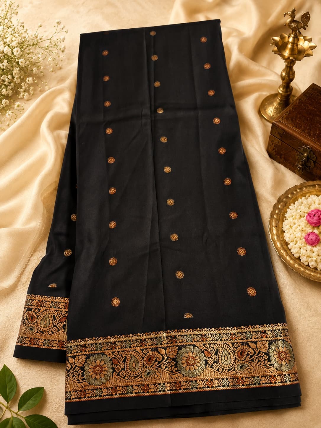 Black, Green Kanchi Silk Saree in Semi Silk