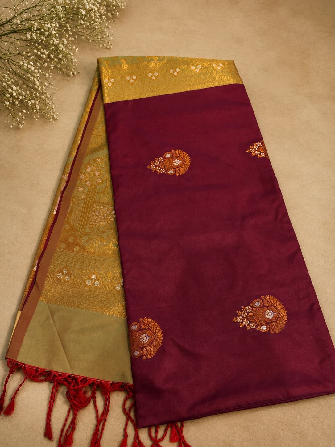 Maroon With Olive Head Peice - Soft Silk