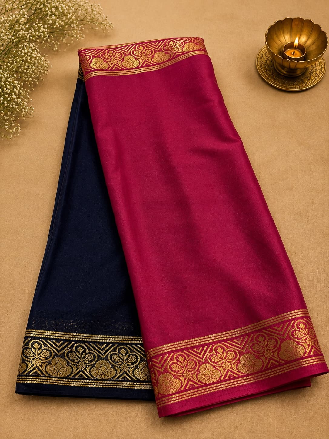 Mysore Crepe Saree - Pink And Navy Blue in Mysore Silk